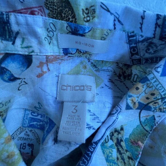 Chico's Womens No-Iron Linen Postal Print 3/4 Sleeve Button-Down Shirt Size 3 - Picture 3 of 7